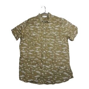 Sonoma Button-Down Shirt Men's XL Short Sleeve Kaki Green Birds & Waves